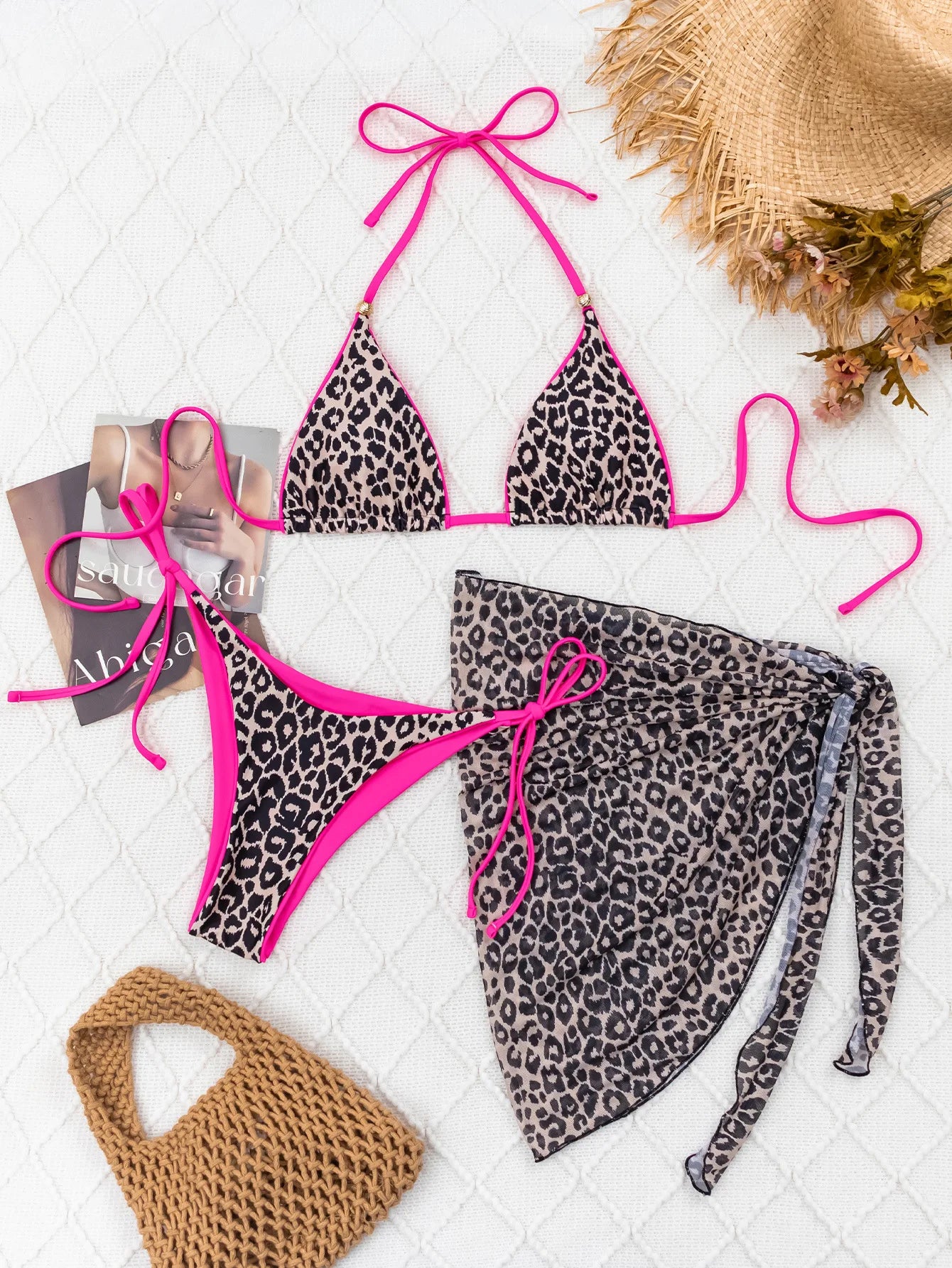 Hot Pink Leopardenmuster Bikini Damen – 3-teiliges Push-Up Set mit Mesh-Rock
